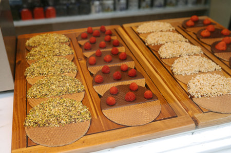 Assorted nut and raspberry chocolate wafers displayed on wooden trays in bakery.の写真素材