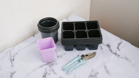 Gardening tools with plastic seedling trays and pruning shears on marble surface.の写真素材