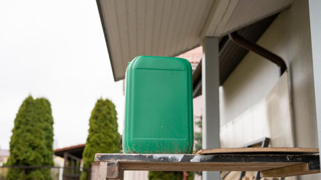 Outdoor green plastic fuel container on wooden table by house.の写真素材