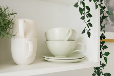 Minimalist white teacups stacked on shelf with greenery.の写真素材