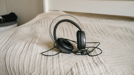 Black over-ear headphones on beige quilted bedspread in bedroom.の写真素材