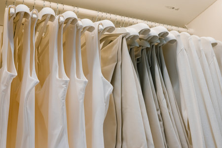 Organized wardrobe with neatly hung white and beige clothing.の写真素材