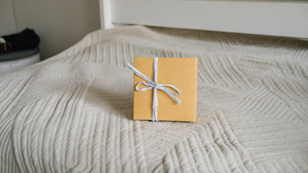 Small brown gift box with white ribbon on bed.の写真素材