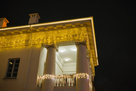 Elegant winter night view of illuminated building with decorative lights.の写真素材