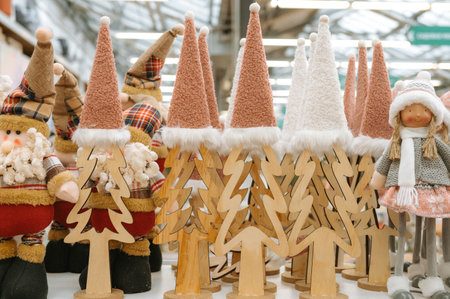 Festive decorations with gnome figures and wooden trees in holiday market.の写真素材