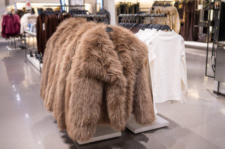 Fashion store display of faux fur coats and white shirts.の写真素材