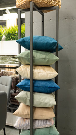 Colorful cushions on modern metal shelf in home decor store.の写真素材