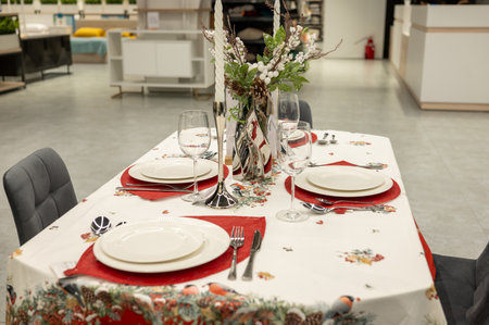 Elegant table setting in modern dining room with festive decor.の写真素材