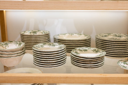 Elegant display of stacked vintage green and white ceramic plates on wooden shelves.の写真素材