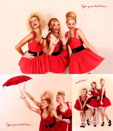 collage of pin-up postcards with three retro girls on it の写真素材