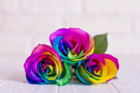 Rainbow roses on white bricks and wood background. Postcard for Valentine's and Mother's day.の写真素材