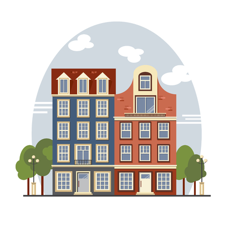 Colorful vintage Amsterdam houses. Apartments For Rent, Sale, Real Estate.のイラスト素材