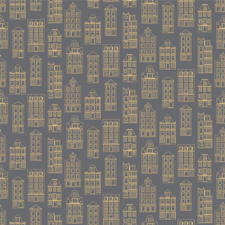 Seamless pattern with old historic buildings of Amsterdam. Flat style vector illustration.のイラスト素材