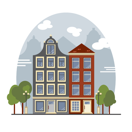 European cityscape. Amsterdam houses. Cute buildings with street lamps and trees. Vector illustration of flat style.のイラスト素材