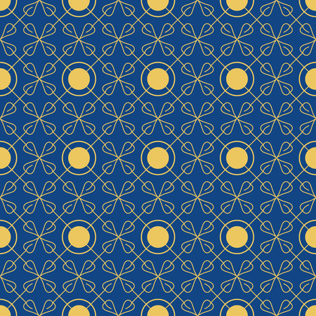 Bright seamless pattern of circles and petals. Blue and gold. Vector illustrationのイラスト素材