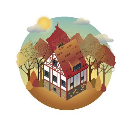 European countryside. Cozy home in the trees. Vector illustration of a flat style.のイラスト素材