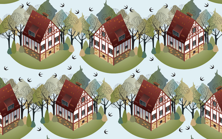 Seamless pattern with old historic buildings of Europe. Patterns can be used as background, fabric print, surface texture, wrapping paper, web page backdrop, wallpaper.のイラスト素材