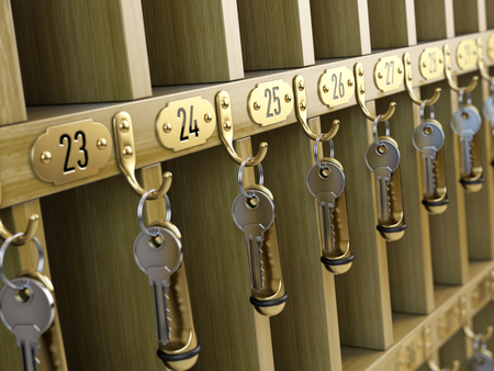 Hotel keys at receptionの写真素材