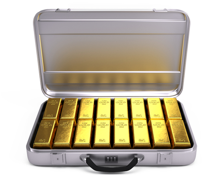 Opened case with gold bars isolated on whiteの写真素材