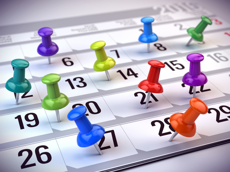 Concept of reminder, organizing time and schedule - colorful pins marking days of the month on a calendar. 3d renderingの写真素材