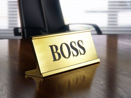 Boss nameplate on wooden table. 3d illustrationの写真素材