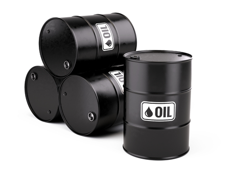3d illustration of Classic Black Metal Oil Barrels Drum isolated on white backgroundの写真素材