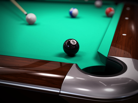 American Pool, Snooker billiard game - strike on the black eighth ball. 3d illustration