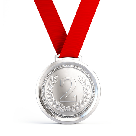 Second place Silver medal with red ribbon isolated on white background - 3d illustrationの写真素材