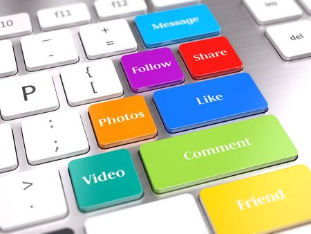 Social media buttons on computer keyboard - 3d illustration