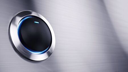 Black power button with blue led light - 3d renderの写真素材