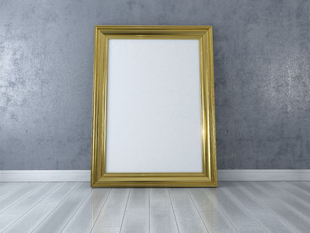 Blank picture with gold frame standing on floor. Design Template for Mock Up. 3d renderの写真素材