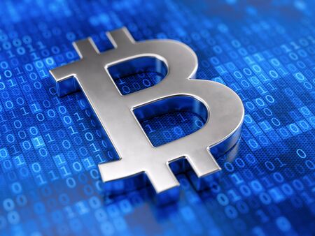 Metall bitcoin sign on digital code background. Mining cryptocurrency concept. 3d rendering