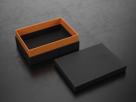 Opened Black Box on black background - Box Mockup, 3d renderingの写真素材