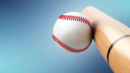 Baseball bat hits baseball ball. Close up view - 3d rendering