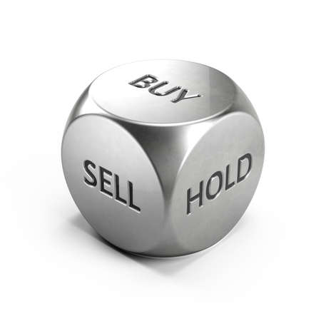 Buy, sell or hold lucky dice, trading concept - metall dice isolated on white, 3d renderingの写真素材