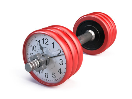 Red gym dumpbell with clock isolated on white - Time for gym concept. 3d renderingの写真素材