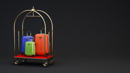 White Hotel Luggage Trolley with suitcase on white background. 3d renderingの写真素材