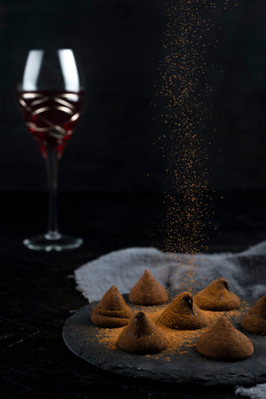 Delicious chocolate truffles and red wine on black background.の写真素材