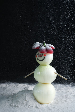A snowman made of pearl onions stands on a snowの写真素材