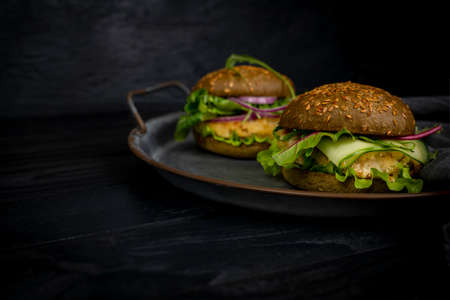 Vegetarian American Cuisine. Burger with fish, arugula, cucumbers. Burger on a black backgroundの写真素材