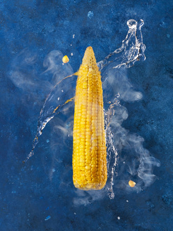 Closeup of a hot corn with steam on a Blue backgroundの写真素材
