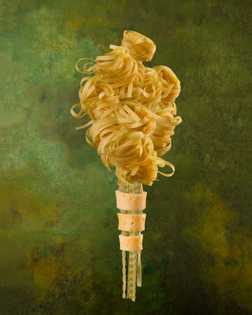 Levitation Italian pasta bouquet on green bacground. Concept