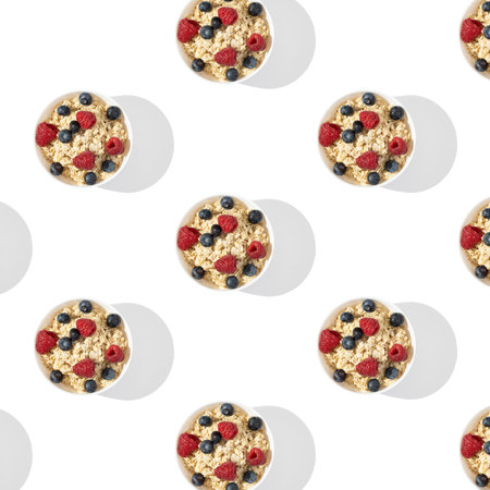 oatmeal on white plate seamless pattern on white backgroundの写真素材