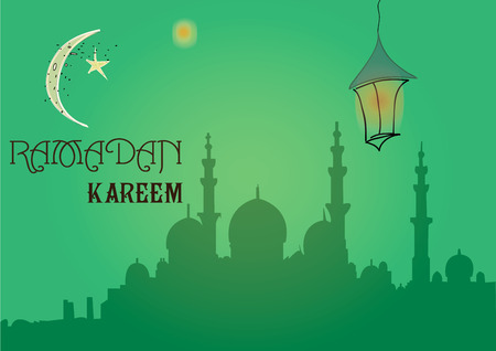 Creative greeting card design for holy month of muslim community festival Ramadan Kareem with moon and hanging lantern and stars on green background.のイラスト素材