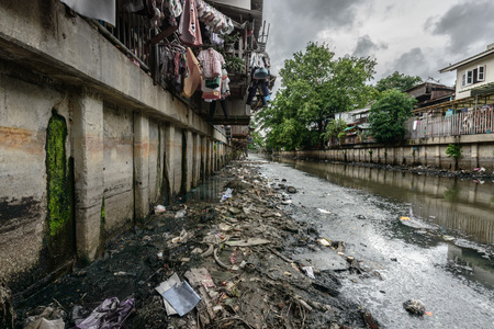 Polluted canal in Bangkokの写真素材
