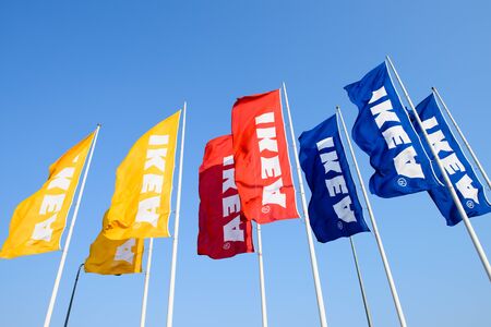BANGKOK, THAILAND - MARCH 2: IKEA flags at IKEA Bangna Store in Bangkok, Thailand. The Swedish IKEA...