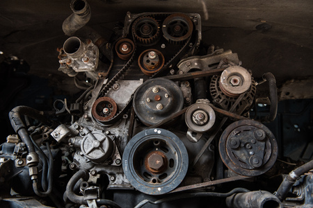 Old car engine in junkyardの写真素材