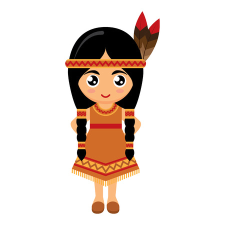 Little Girl Wearing American Indians Dress. Vector illustration.のイラスト素材