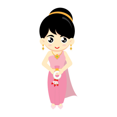 Cute Thai girl wearing traditional dress on white background. And hold Thai garland. Vector illustration.のイラスト素材