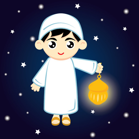 Happy Ramadan. Little Boy Muslim Hold lamp on blue background at night. Vector illustration.のイラスト素材